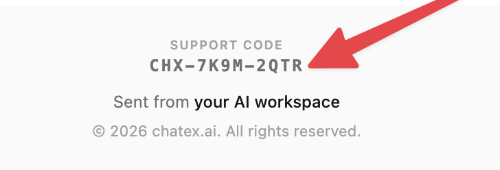 Footer close-up showing the Support code section in the email